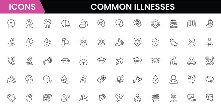 Common Illnesses line icons set. Common Illnesses outline icons with editable stroke collection. These Includes Breast Cancer, Depression, Brain Tumor, Allergy, Diabetes, and More.