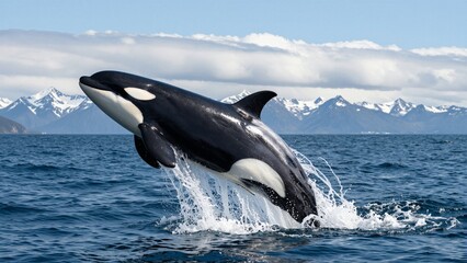 Fototapeta premium A majestic killer whale leaps out of the ocean against a backdrop of snow-capped mountains and blue sky, creating a dynamic splash.