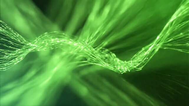 Visual display of abstract lines and dots moving in green light in a digital space