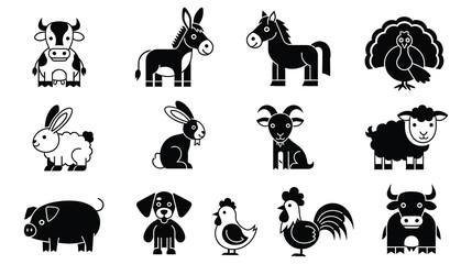 A collection of black and white farm animal illustrations