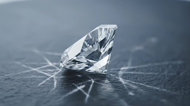 Flawless round cut diamond rotating on a dark textured surface, its facets catching the light and creating a beautiful sparkling caustic effect, symbolizing luxury, wealth, and timeless love