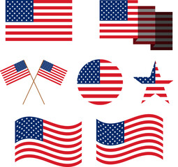 American Flag Icon Set Bundle &ndash; Flat, Wavy, Circle and Star USA Flag Vector Icons Isolated