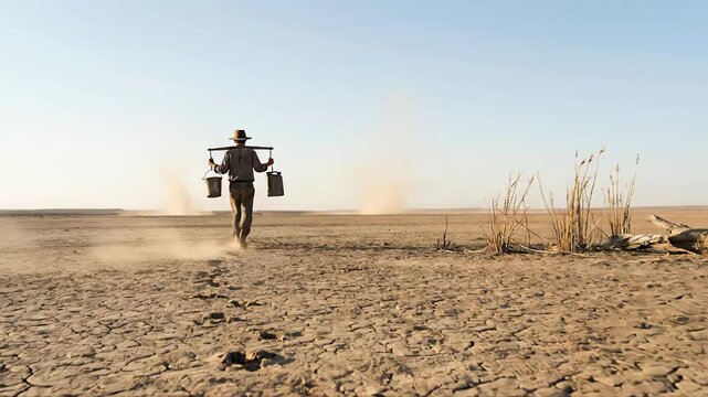 Man carrying water buckets on a yoke walking across a vast, cracked, dry desert landscape, symbolizing the struggle against drought, water scarcity, and global warming impacts
