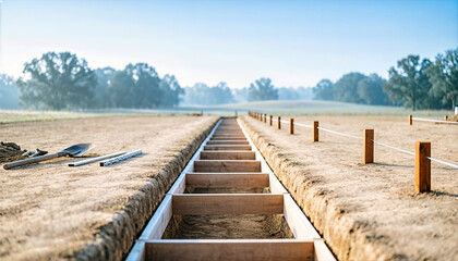 Obraz premium Long excavation trench with wooden formwork in a dirt field. Archaeological dig site with shovel and measuring tools