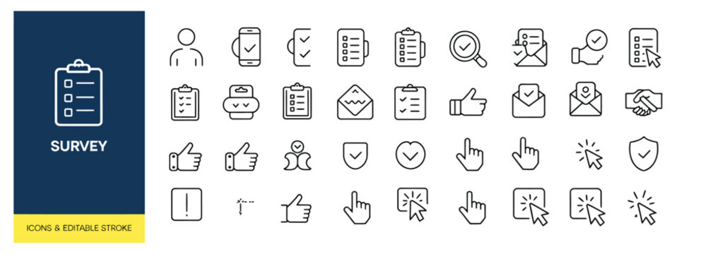customer feedback outline icon set, survey form review rating comment exam and checklist symbols editable stroke vector design.