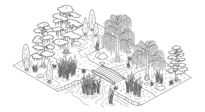 Black and white isometric illustration showing a serene garden landscape with a winding stream, small wooden bridge, trees, and reeds, perfect for architectural design or educational materials.