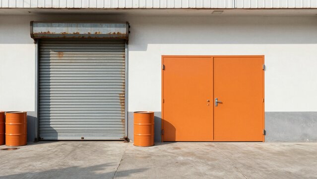 Exterior of an industrial building featuring a closed metal shutter and orange doors.