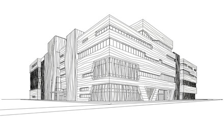 Fototapeta premium Detailed line drawing of a modern multi-story building with contemporary architectural design and numerous windows.