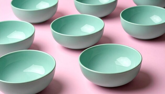 Set of empty pastel green bowls on pink background