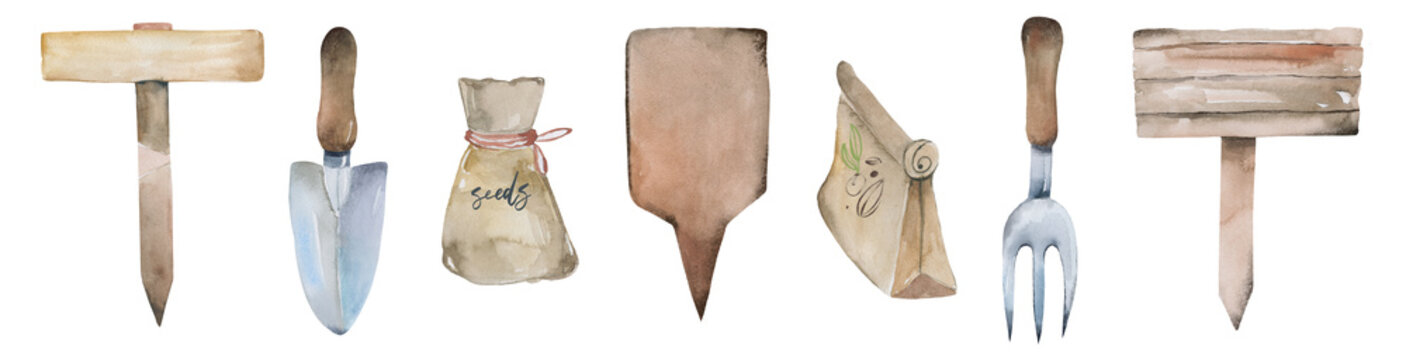 Gardening tools set with straw hat and wooden markers watercolor clipart