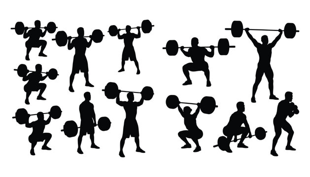 Silhouettes of weightlifters in various poses demonstrating strength and exercise