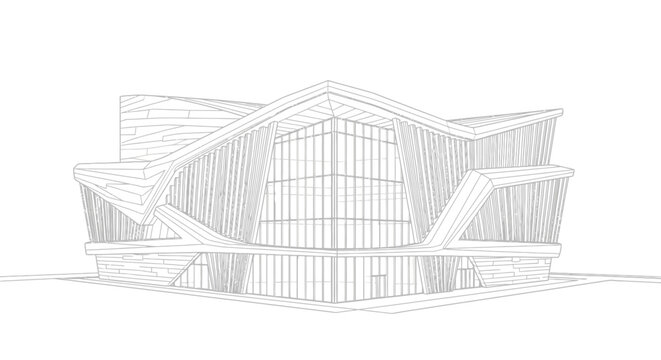 Wireframe rendering of a modern, angular building with a complex geometric design and large glass facades, showcasing architectural detail.