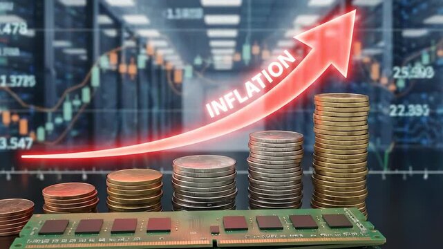 Rising Inflation Graph With Stacks Of Gold And Silver Coins And Computer Memory RAM Modules In A Server Room Data Center Background With Financial