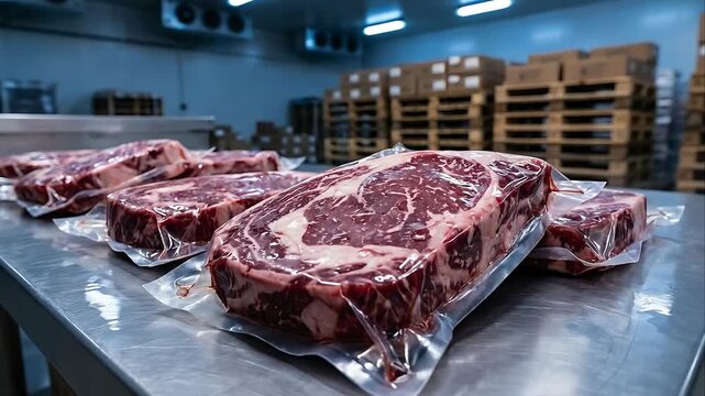 Vacuum Sealed Raw Ribeye Steaks Ready For Storage In A Cold Industrial Kitchen With Pallets Of Boxes In The Background and White Steam Rising