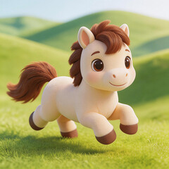 Cute Cartoon Pony Running on Green Hills
