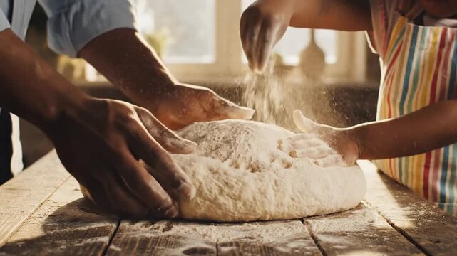 Adult and child hands kneading bread dough home cooking