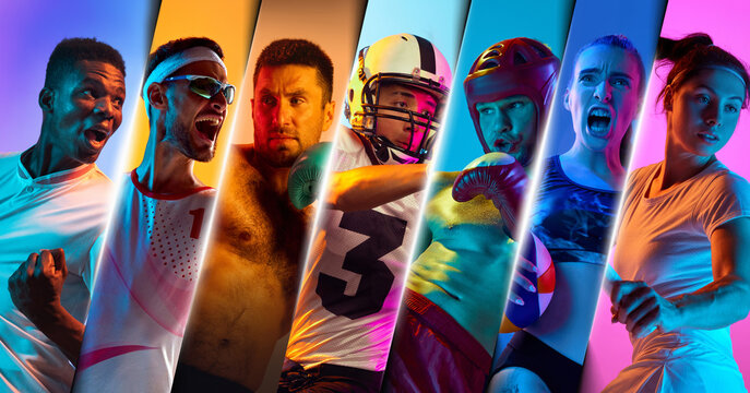 Neon sports composition with intense athletes in dynamic action. Concept of competitive mindset, professional training, strength and high energy performance across multiple modern sports disciplines.