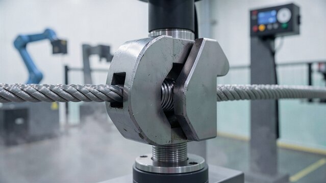 Close-up of a steel cable undergoing tensile testing in an industrial setting with robotic arm and control panel.