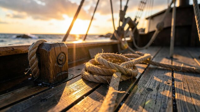 Close-up of a wooden snatch block and coiled rope on a ship deck during sunset.