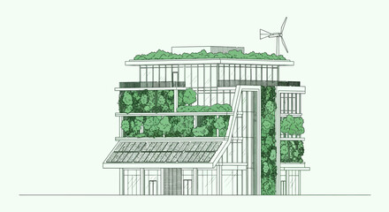 Naklejka premium Architectural drawing of a modern green building with vertical gardens, solar panels, and a wind turbine.