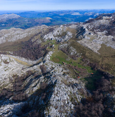 Aerial view from a drone of Mount Mortillano in the karst massif of the Sierra de Hornijo. Collados del As&oacute;n Natural Park. Soba Valley. Pasiegos Valleys. Cantabria. Spain. Europe