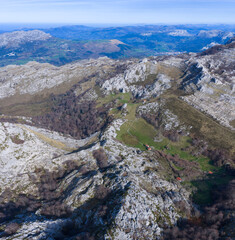 Aerial view from a drone of Mount Mortillano in the karst massif of the Sierra de Hornijo. Collados del As&oacute;n Natural Park. Soba Valley. Pasiegos Valleys. Cantabria. Spain. Europe