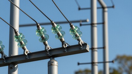 Close-up of corona discharge on glass insulators and metal hardware, with blurred utility poles in the background under a clear blue sky.