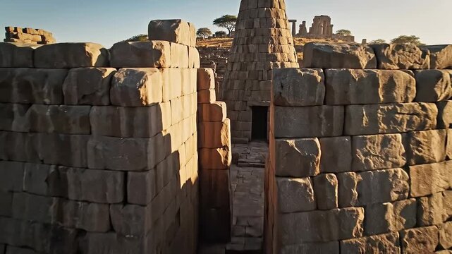 Ancient stone architecture inspired by Great Zimbabwe ruins, soft natural lighting, realistic stone textures, slow circular orbit camera movement.