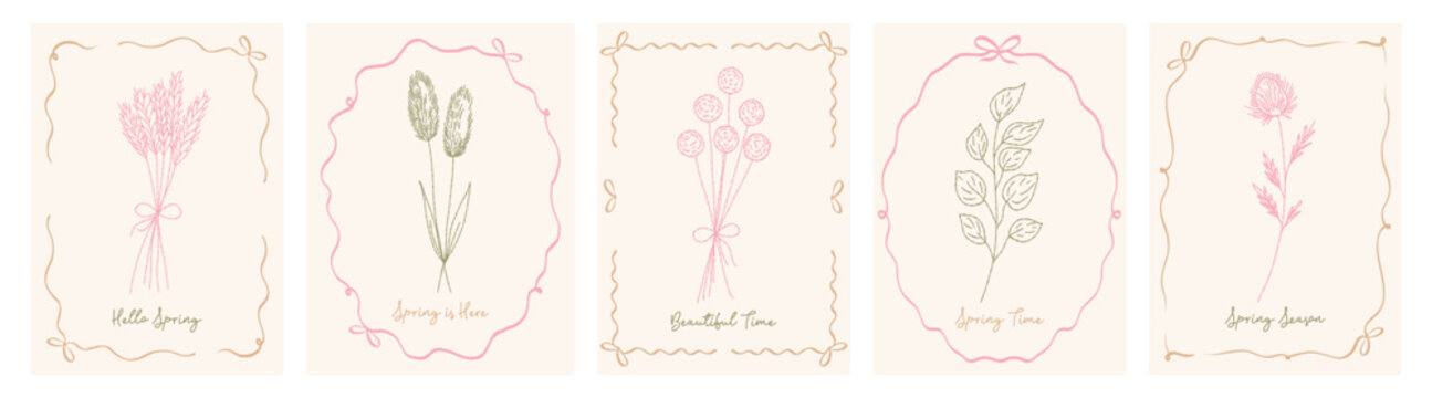 Grunge minimal chalk spring flowers set of cute cards threads flower collection. Vector illustration dried or wild herbs set. Floral silhouette elements for holiday art.