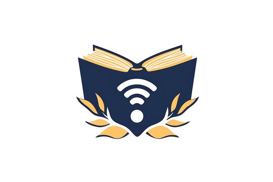 E learning logo with open book wifi symbol and leaves on white background for online education platforms