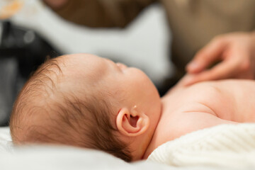 Close-up of a newborn baby's head and ear with a parent's hand gently touching their back