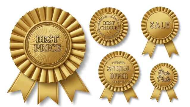 Golden rosette awards with ribbons and text, ideal for promotions and sales