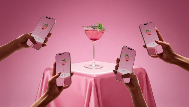 Playful mixed media pink cocktail captured by smartphones. Concept of social media marketing campaign, influencer content production and digital advertising for restaurants.