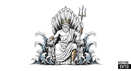 King Neptune on Throne of Shells with Seashells and Trident, Mythological God of Sea © happy