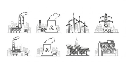 Fototapeta premium Energy production sources illustration showing different power plants and renewable energy.
