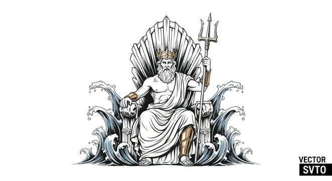 King Neptune on Throne of Shells with Seashells and Trident, Mythological God of Sea
