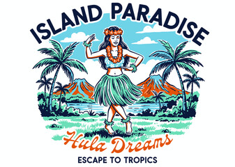 Aloha spirit hula girl artwork. Tropical island paradise design. Retro summer vacation graphic. Exotic beach escape illustration. © Babski