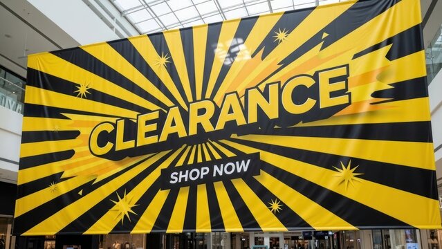 Large retail banner announcing a "Clearance" sale with "Shop Now" text, in a mall setting