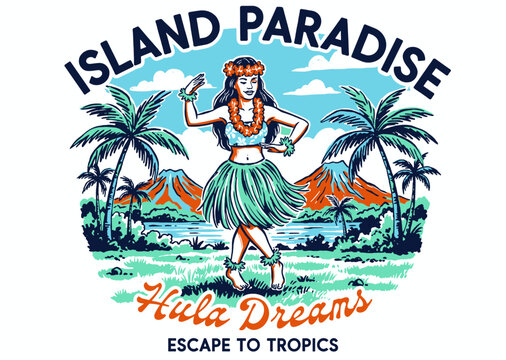 Aloha spirit hula girl artwork. Tropical island paradise design. Retro summer vacation graphic. Exotic beach escape illustration.