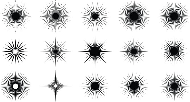 A collection of various sunburst and starburst elements, including classic radial bursts and stylized star shapes with rays, solid black silhouettes, on a clean white background