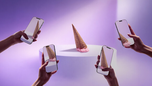 Conceptual composition melting ice cream on podium photographed by smartphones. Concept of viral dessert marketing, seasonal product promotion and creative content for food brand.