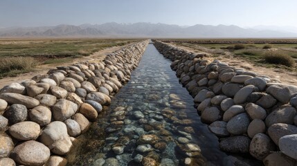 stone lined irrigation canal leading toward distant mountains
