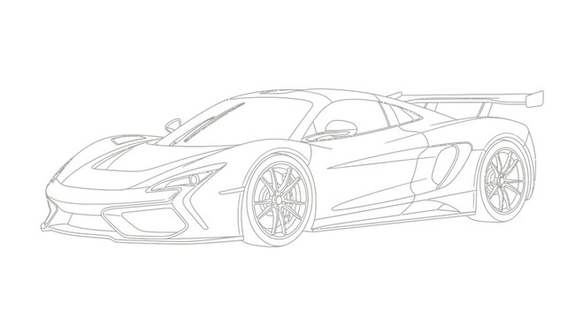 A sleek sports car is viewed from the side, showcasing its aerodynamic design and sharp lines in a detailed line drawing.