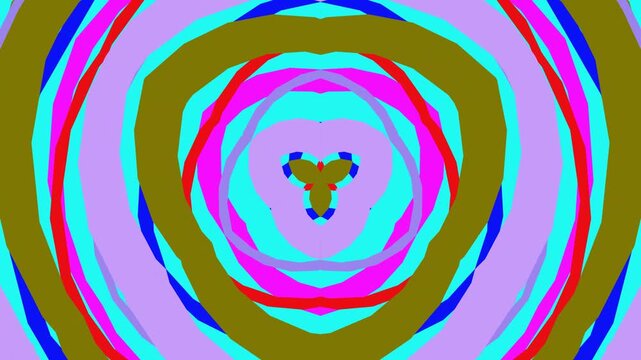  Animation features concentric geometric shapes in various bright colors, including purple, cyan, magenta, red and olive green. 