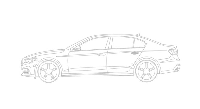 Side view illustration of a modern car with sleek design and clean lines, showcasing its profile and features in a minimalist style.