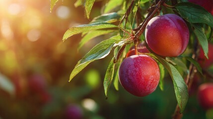 ripe reddish purple plums on leafy tree branch