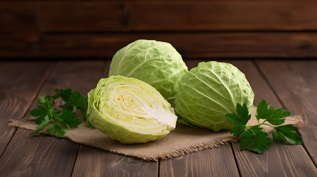Fresh green cabbage whole and halved on rustic wooden table with parsley. Healthy organic vegetables, natural food concept.

