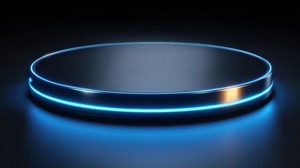 Dark circular podium with blue neon ring