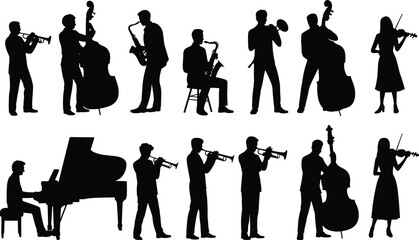 Jazz band musicians silhouette set, trumpet saxophone double bass piano and violin players isolated on white background, flat vector illustration © Shahed