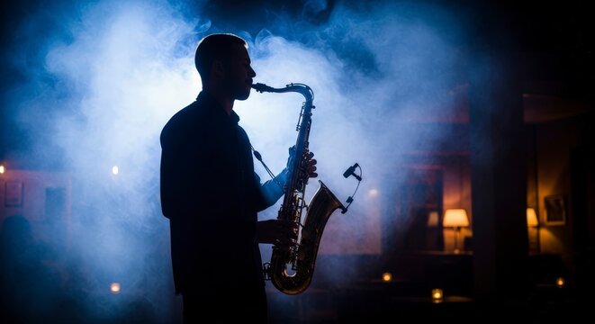 Silhouette of Saxophonist Performing on Stage.